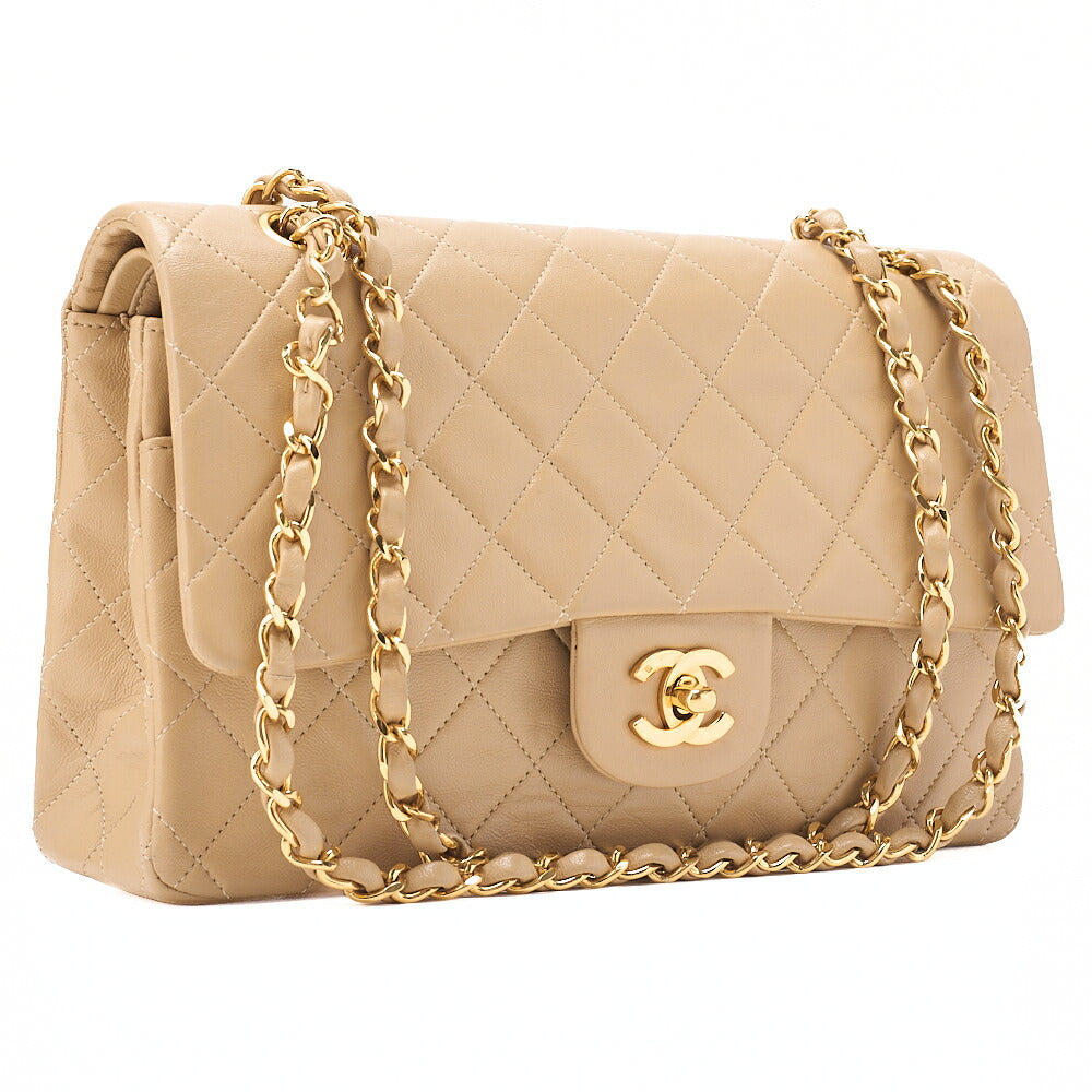 CHANEL Lambskin Matelasse Double Flap 25cm Chain Shoulder Beige Gold-Tone Hardware, Pre-Owned