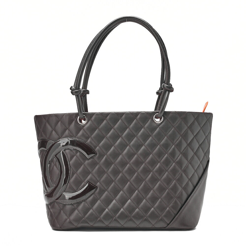 CHANEL Cambonline Matelasse Tote Bag Calf Leather x Enamel Brown Silver-Tone Hardware, Pre-Owned