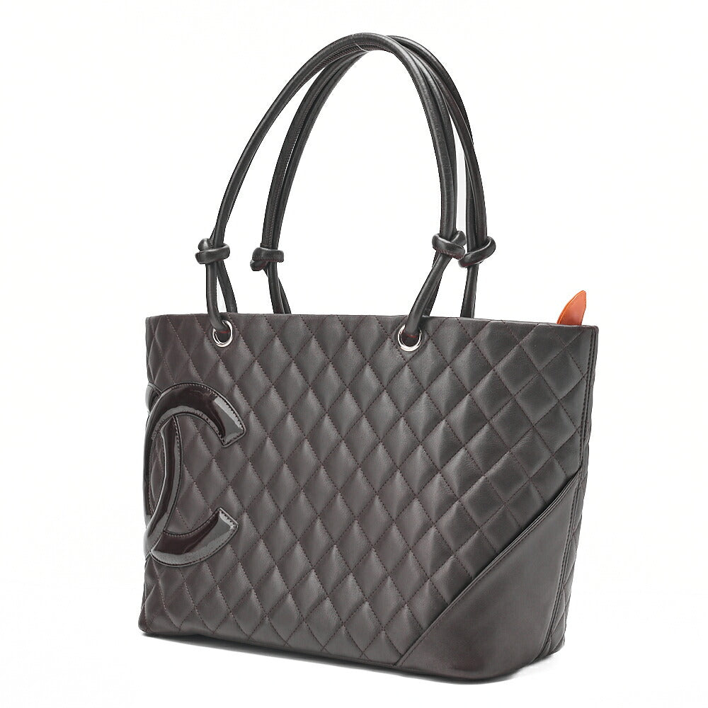 CHANEL Cambonline Matelasse Tote Bag Calf Leather x Enamel Brown Silver-Tone Hardware, Pre-Owned