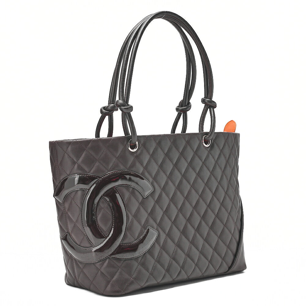 CHANEL Cambonline Matelasse Tote Bag Calf Leather x Enamel Brown Silver-Tone Hardware, Pre-Owned