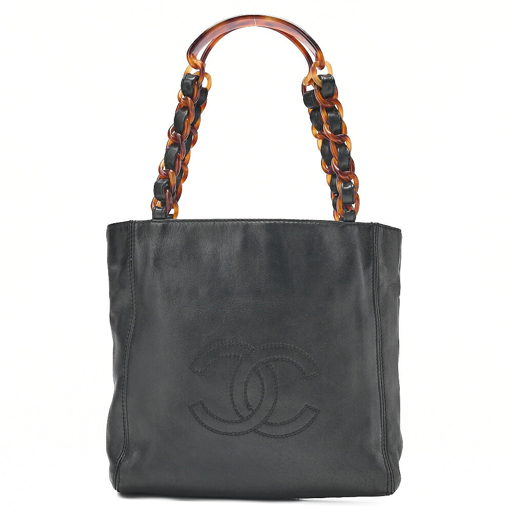 CHANEL Chain Tote Bag Lambskin Coco Mark Tortoiseshell Pattern Plastic Chain Shoulder Black Gold-Tone Hardware, Pre-Owned