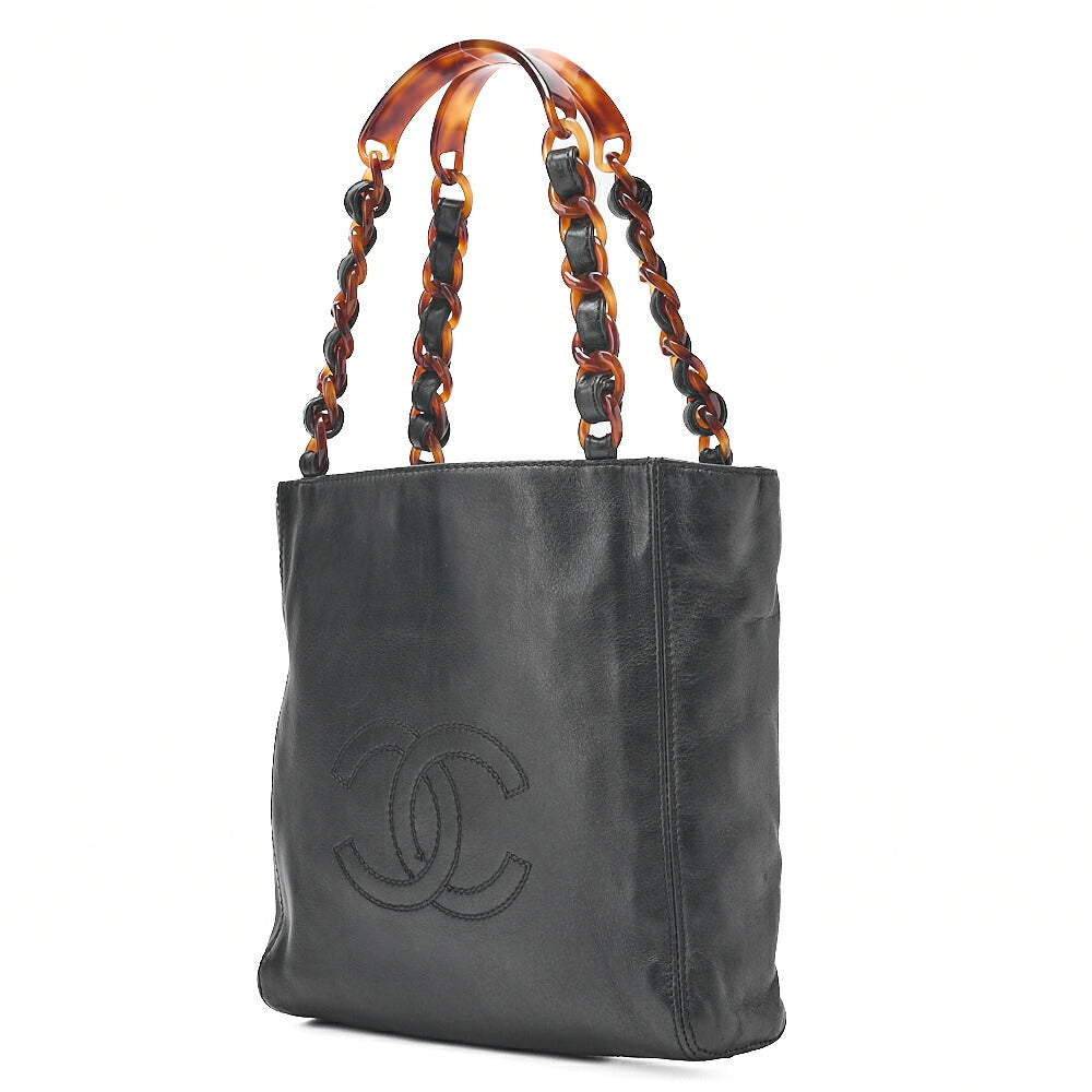 CHANEL Chain Tote Bag Lambskin Coco Mark Tortoiseshell Pattern Plastic Chain Shoulder Black Gold-Tone Hardware, Pre-Owned