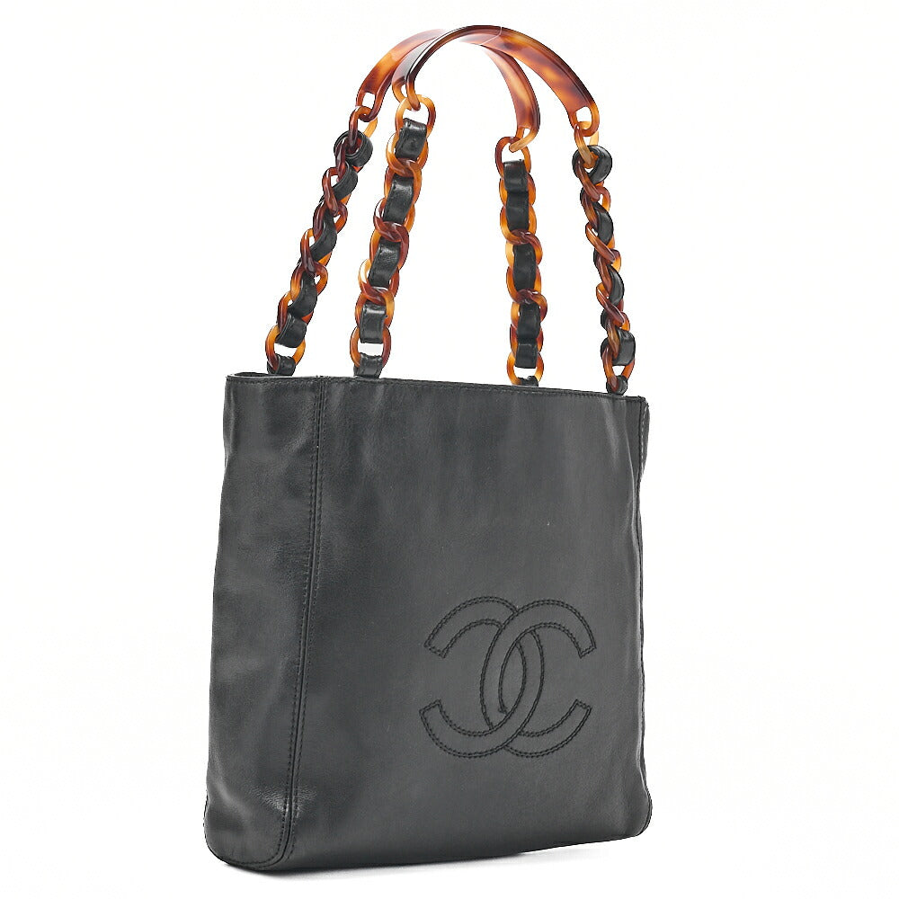CHANEL Chain Tote Bag Lambskin Coco Mark Tortoiseshell Pattern Plastic Chain Shoulder Black Gold-Tone Hardware, Pre-Owned