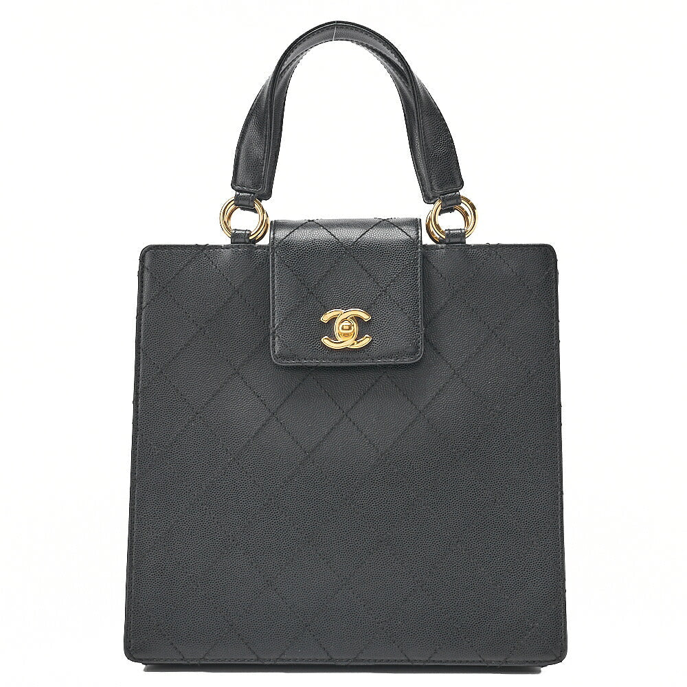 CHANEL Caviar Skin Matelasse Turn Lock Handbag Black Gold-Tone Hardware, Pre-Owned