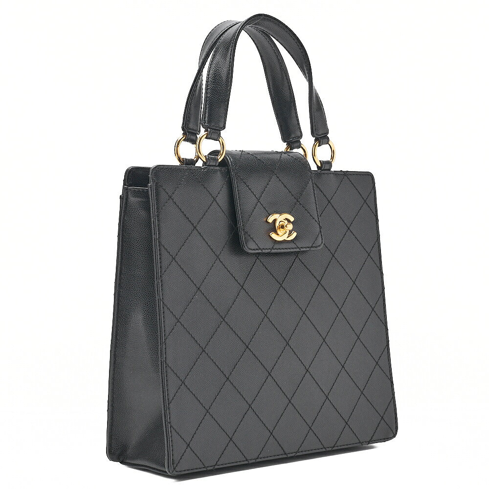 CHANEL Caviar Skin Matelasse Turn Lock Handbag Black Gold-Tone Hardware, Pre-Owned