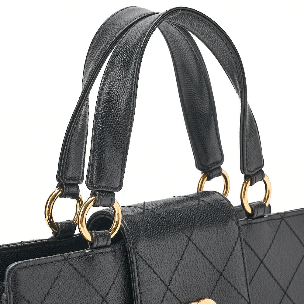 CHANEL Caviar Skin Matelasse Turn Lock Handbag Black Gold-Tone Hardware, Pre-Owned