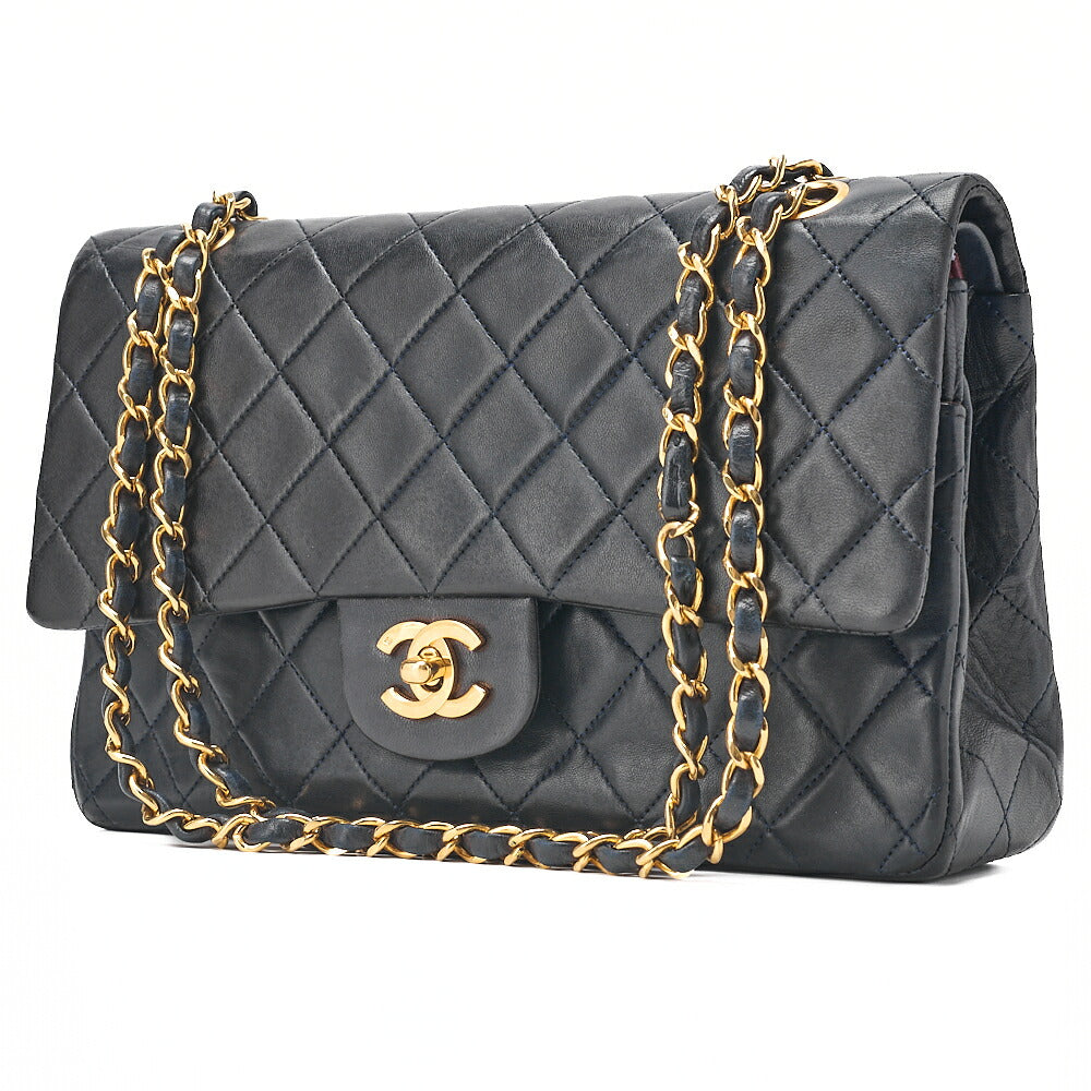 CHANEL Lambskin Matelasse Double Flap 25cm Chain Shoulder Dark Navy Gold-Tone Hardware, Pre-Owned