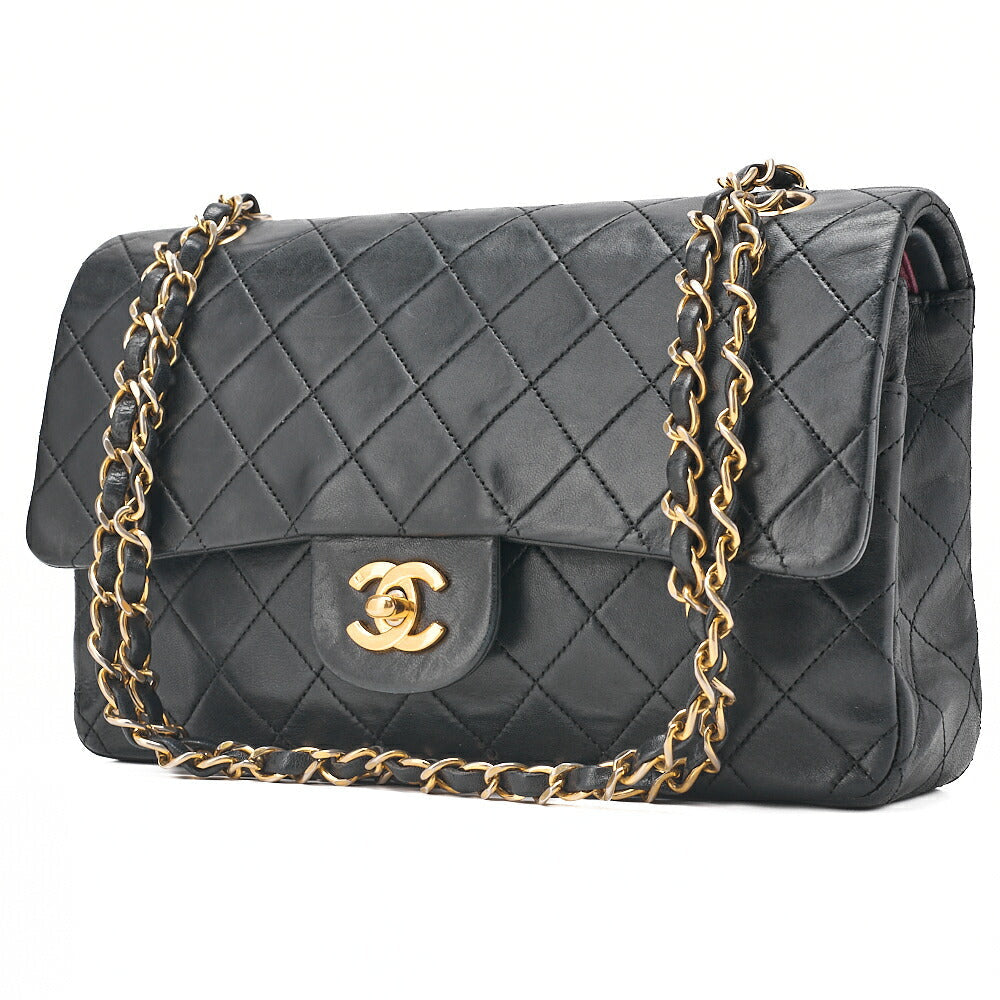 CHANEL Lambskin Matelasse Double Flap 25cm Chain Shoulder Black Gold-Tone Hardware, Pre-Owned