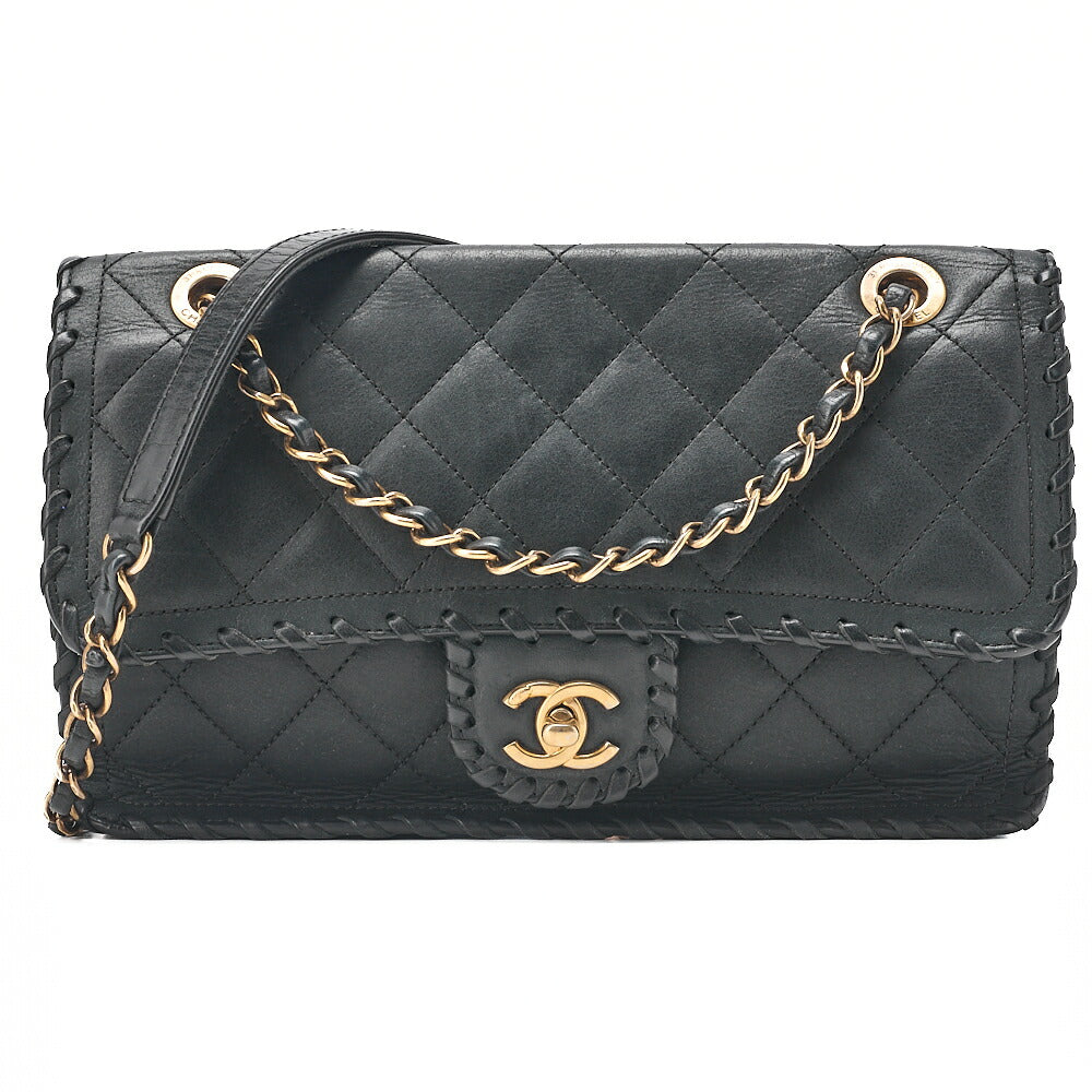 CHANEL Sparkle Leather Matelasse Braided Chain Shoulder Black Gold-Tone Hardware, Pre-Owned