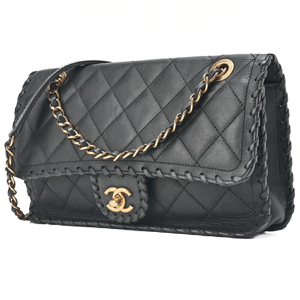 CHANEL Sparkle Leather Matelasse Braided Chain Shoulder Black Gold-Tone Hardware, Pre-Owned