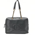 CHANEL Caviar Skin Coco Mark Chain Tote Bag Black Gold-Tone Hardware, Pre-Owned