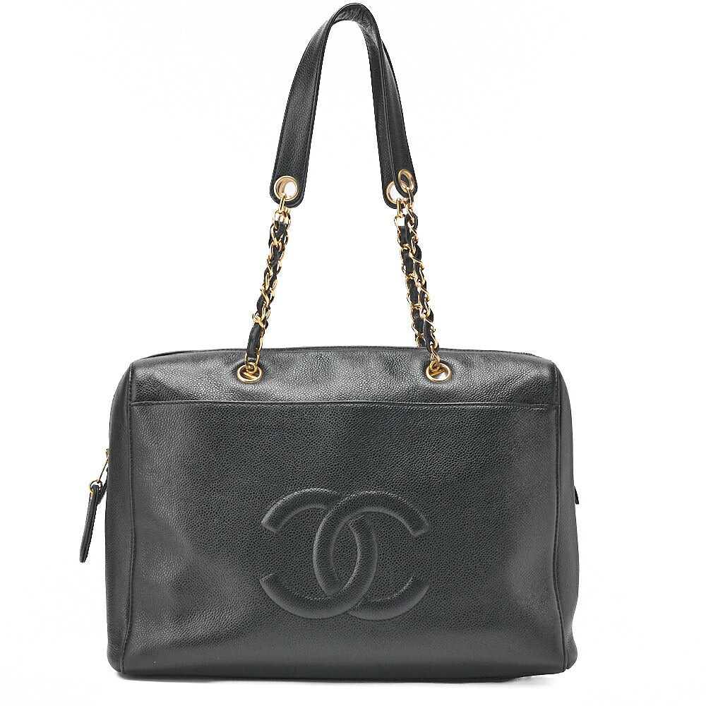 CHANEL Caviar Skin Coco Mark Chain Tote Bag Black Gold-Tone Hardware, Pre-Owned