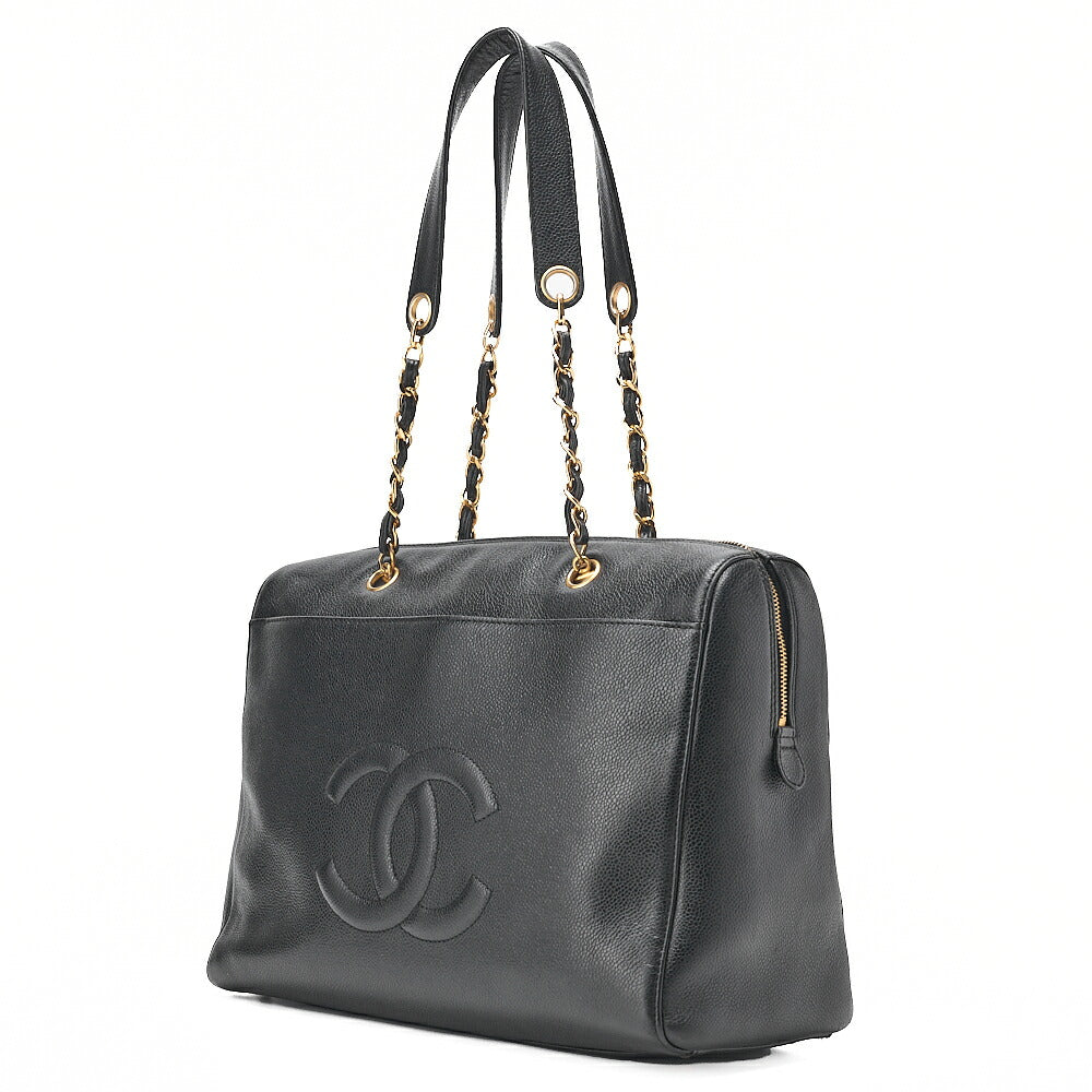 CHANEL Caviar Skin Coco Mark Chain Tote Bag Black Gold-Tone Hardware, Pre-Owned