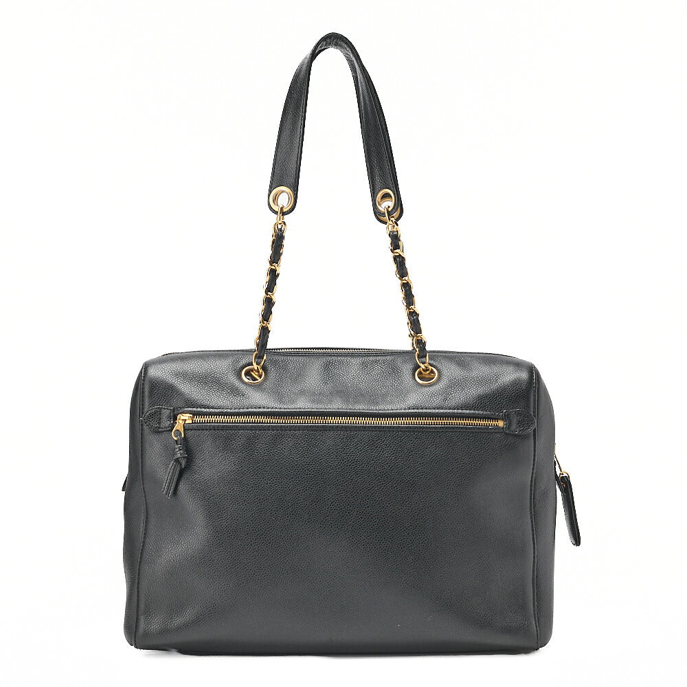 CHANEL Caviar Skin Coco Mark Chain Tote Bag Black Gold-Tone Hardware, Pre-Owned