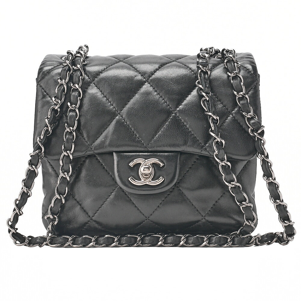 CHANEL Lambskin Mini Matelasse Single Chain Shoulder Black Silver-Tone Hardware, Pre-Owned