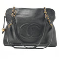 CHANEL Deka Coco Mark Double Chain Shoulder with Ball Charm Large Size Caviar Skin Black Gold-Tone Hardware, Pre-Owned