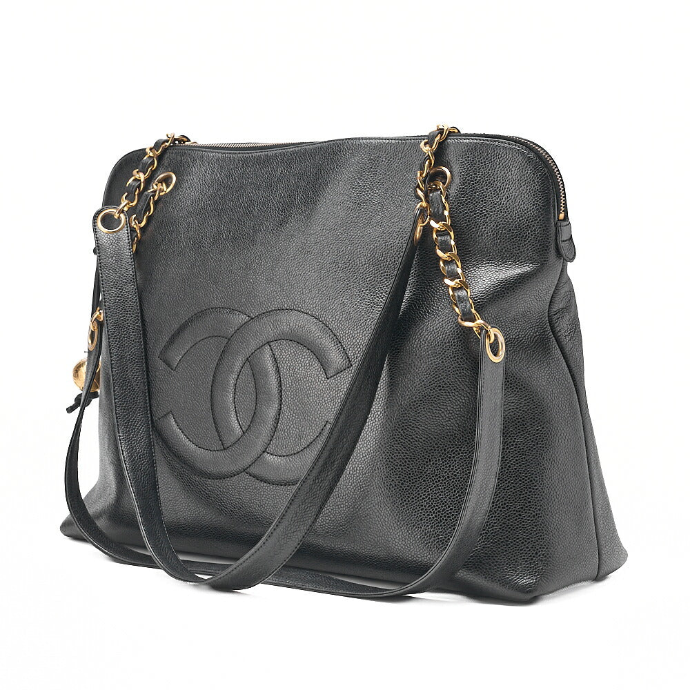 CHANEL Deka Coco Mark Double Chain Shoulder with Ball Charm Large Size Caviar Skin Black Gold-Tone Hardware, Pre-Owned