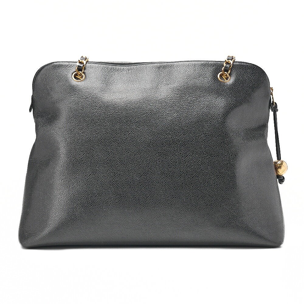 CHANEL Deka Coco Mark Double Chain Shoulder with Ball Charm Large Size Caviar Skin Black Gold-Tone Hardware, Pre-Owned