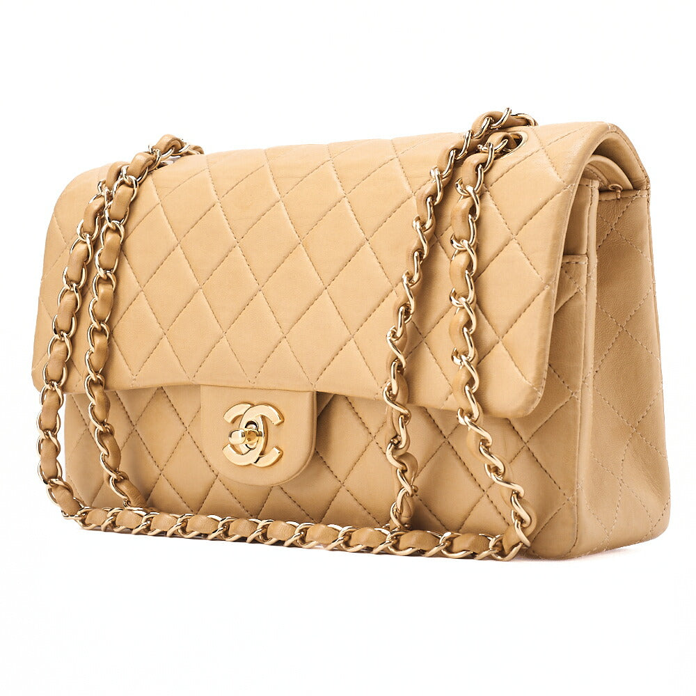 CHANEL Lambskin Matelasse Double Flap 25cm Chain Shoulder Beige Gold-Tone Hardware, Pre-Owned