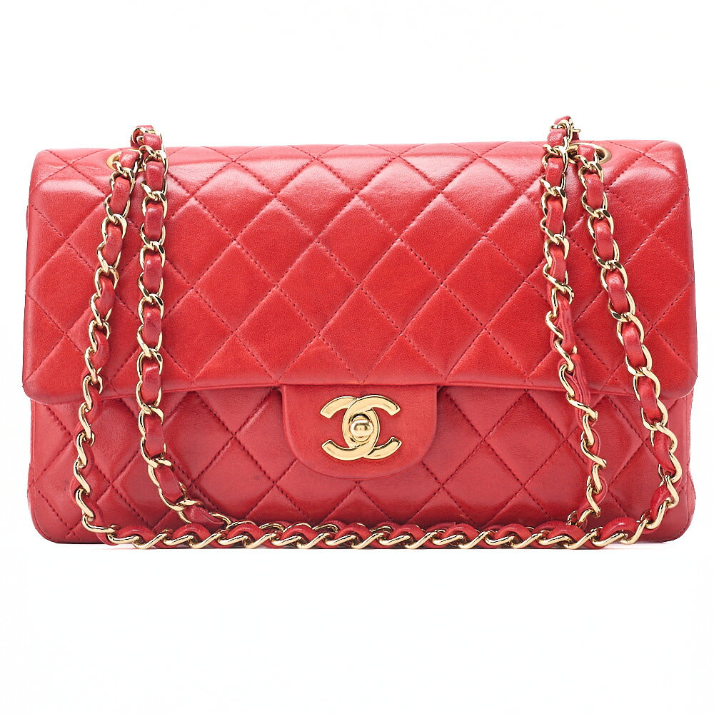 CHANEL Chain Shoulder Bag Matelasse Lambskin Double Flap 25 Turn Lock  Red  Gold-Tone Hardware, Pre-Owned
