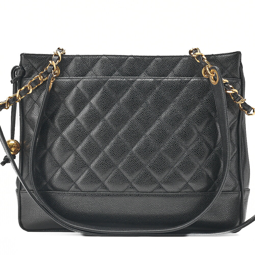 CHANEL Shoulder Bag Chain Tote Bag Caviar Skin Matelasse Ball Charm Black Gold-Tone Hardware, Pre-Owned