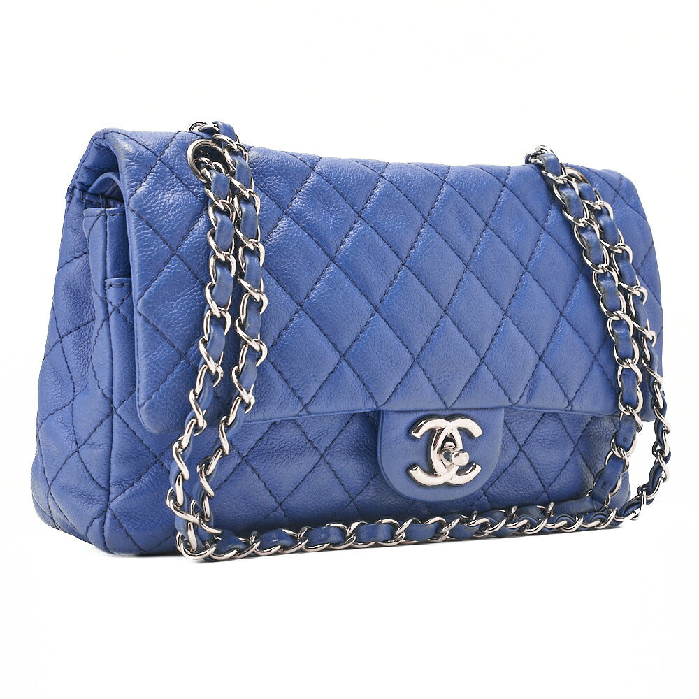 CHANEL Soft Caviar Skin Matelasse Double Flap 25cm Chain Shoulder Navy Silver-Tone Hardware, Pre-Owned