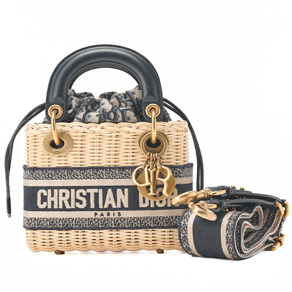 Dior Dior Trotter D Charm 2WAY Mini Handbag Canvas x Fuji Material x Leather Navy Gold-Tone Hardware, Pre-Owned