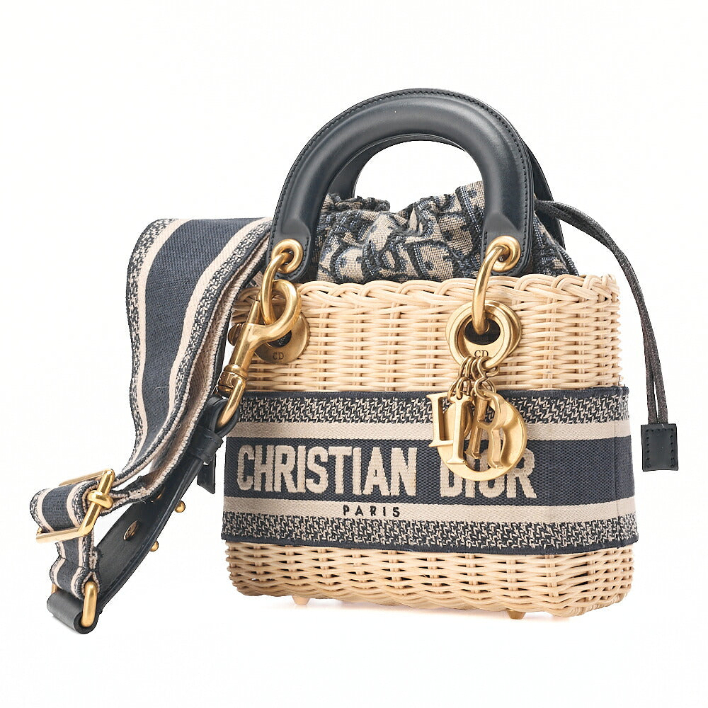 Dior Dior Trotter D Charm 2WAY Mini Handbag Canvas x Fuji Material x Leather Navy Gold-Tone Hardware, Pre-Owned