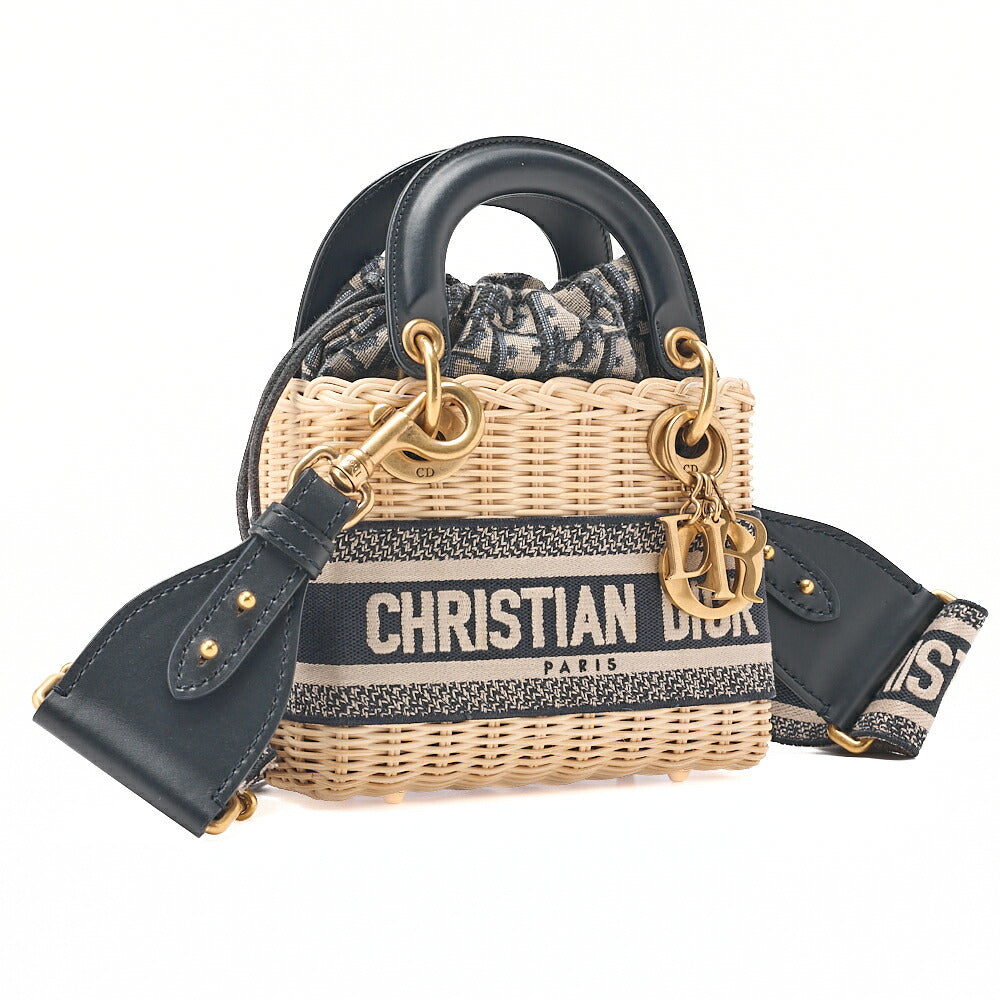Dior Dior Trotter D Charm 2WAY Mini Handbag Canvas x Fuji Material x Leather Navy Gold-Tone Hardware, Pre-Owned