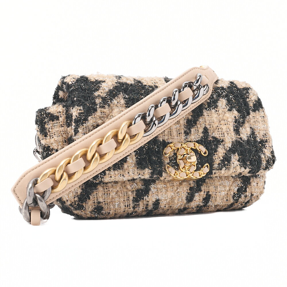 CHANEL Shoulder Bag Waist Bag Chanel 19 Matelasse Tweed Beige x Black Silver x Gold-Tone Hardware, Pre-Owned