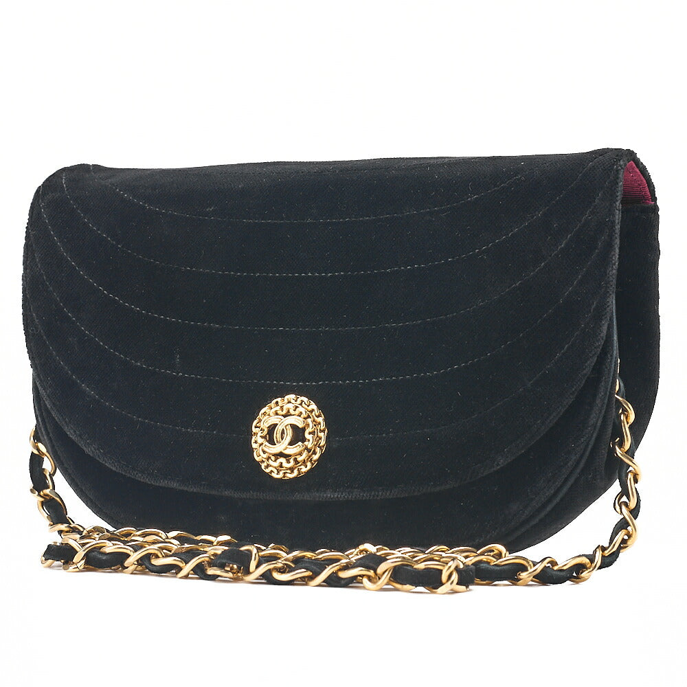 CHANEL Shoulder Bag Border Stitch Half Moon Push Lock Suede Black Gold-Tone Hardware, Pre-Owned