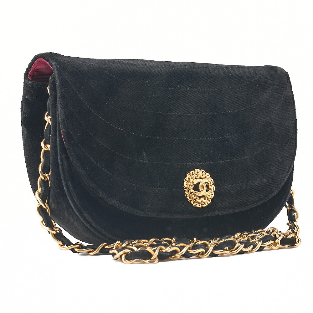 CHANEL Shoulder Bag Border Stitch Half Moon Push Lock Suede Black Gold-Tone Hardware, Pre-Owned
