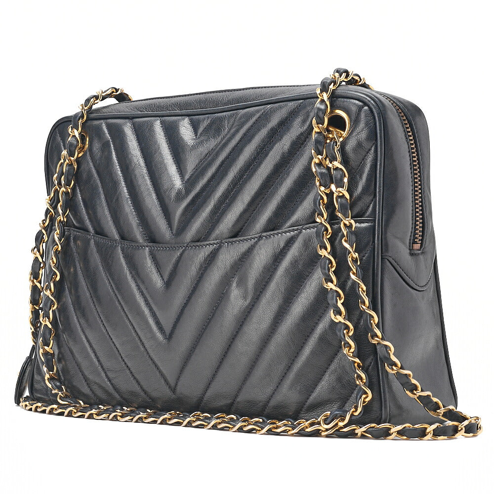 CHANEL Lambskin Chevron Chain Shoulder Bag with Charm Navy Gold-Tone Hardware, Pre-Owned