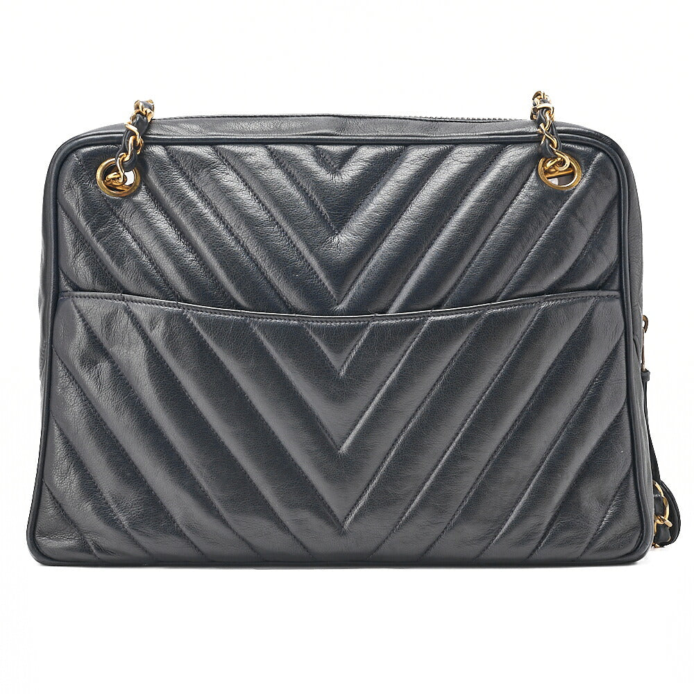 CHANEL Lambskin Chevron Chain Shoulder Bag with Charm Navy Gold-Tone Hardware, Pre-Owned