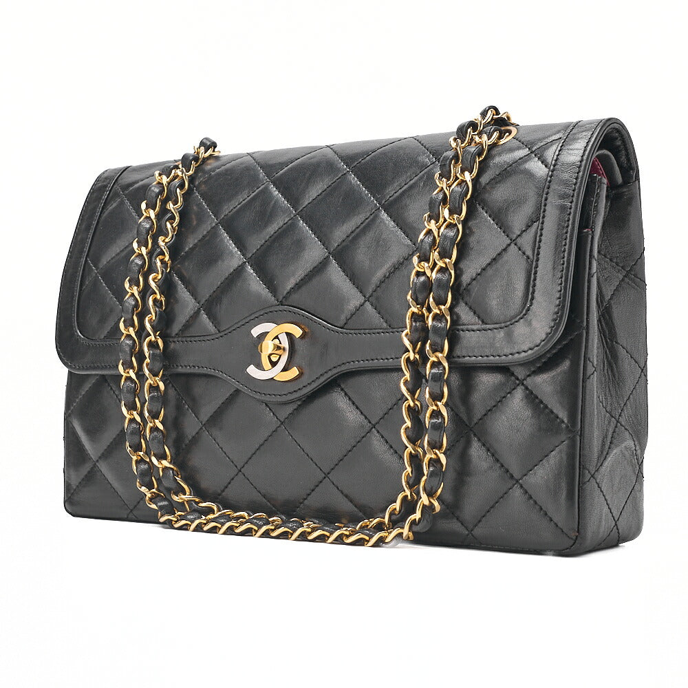 CHANEL Lambskin Matelasse 27cm Paris Limited Double Flap Shoulder Bag Black Gold-Tone Hardware, Pre-Owned
