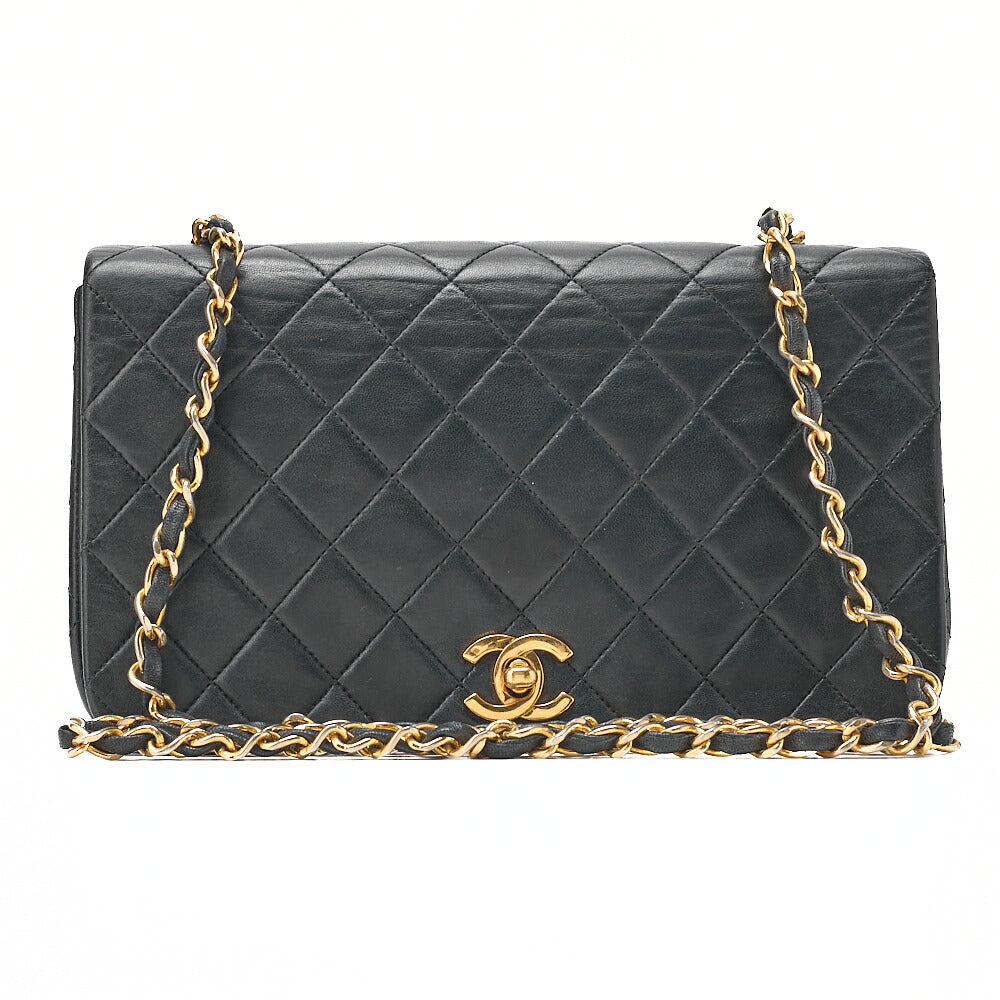 CHANEL Lambskin Matelasse Full Flap Turn Lock Chain Shoulder Black Gold-Tone Hardware, Pre-Owned