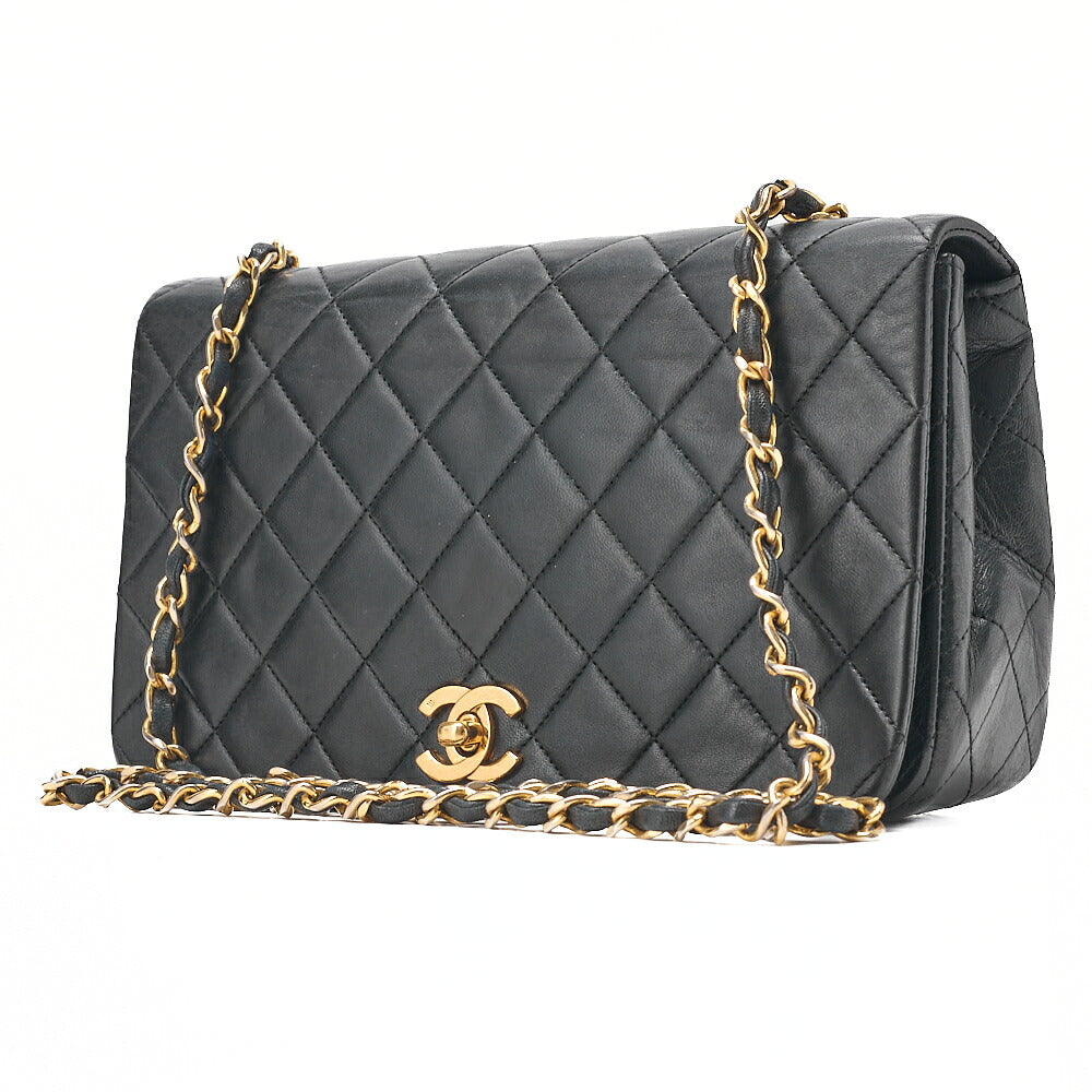 CHANEL Lambskin Matelasse Full Flap Turn Lock Chain Shoulder Black Gold-Tone Hardware, Pre-Owned