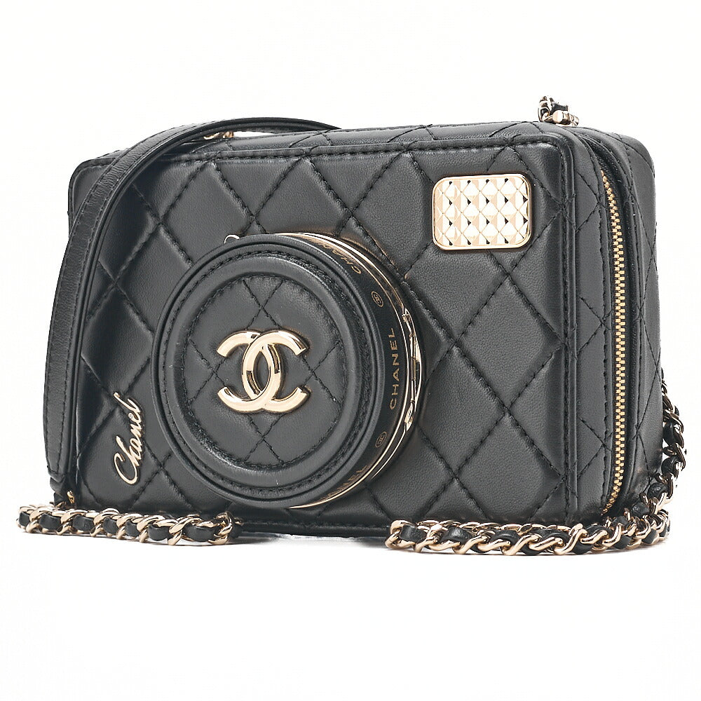 CHANEL Chain Shoulder Bag Matelasse Camera Bag Lambskin Black Gold-Tone Hardware, Pre-Owned
