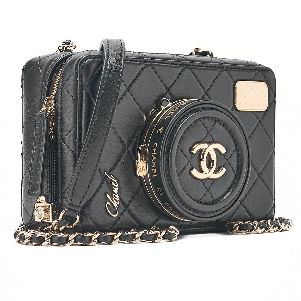 CHANEL Chain Shoulder Bag Matelasse Camera Bag Lambskin Black Gold-Tone Hardware, Pre-Owned