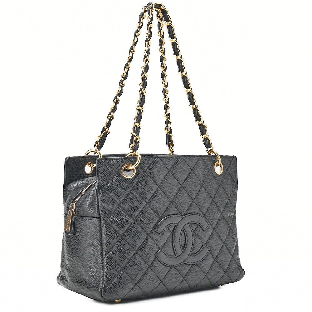 CHANEL Tote Bag Matelasse Caviar Skin Coco Mark PTT Double Chain Tote Black Gold-Tone Hardware, Pre-Owned