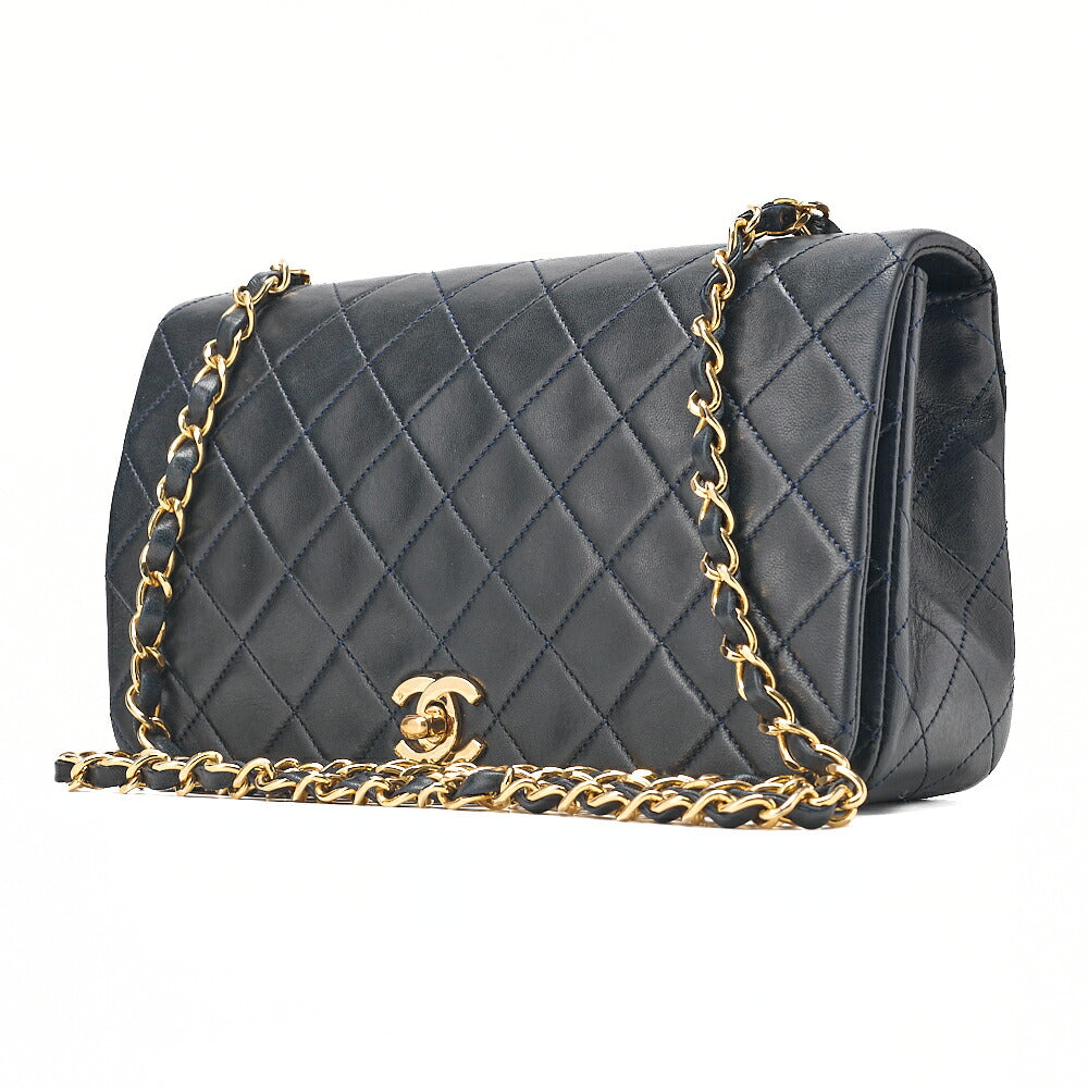CHANEL Lambskin Matelasse Full Flap Turn Lock Chain Shoulder Navy Gold-Tone Hardware, Pre-Owned