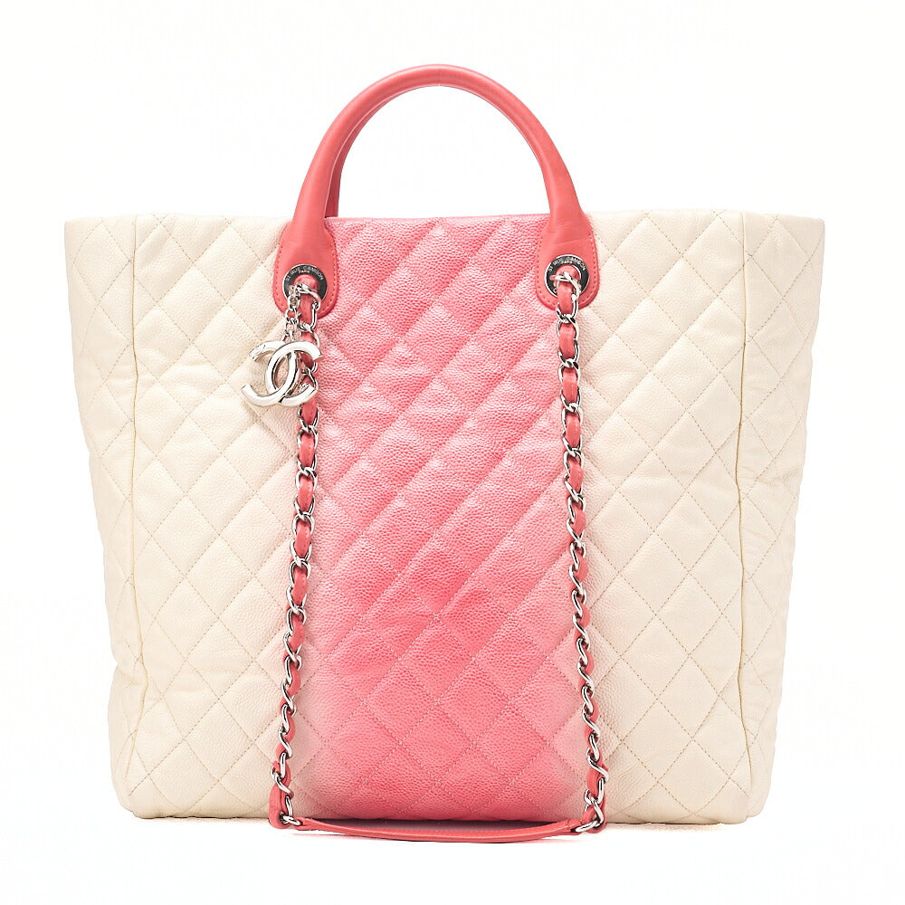 CHANEL 2-way Chain Shoulder Bag Matelasse Caviar Skin Coco Charm Pink x White Silver-Tone Hardware, Pre-Owned