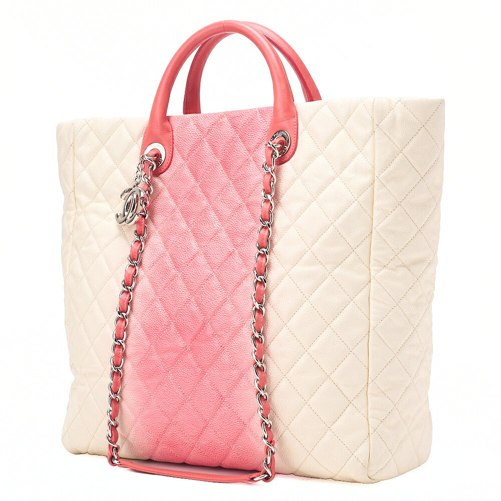 CHANEL 2-way Chain Shoulder Bag Matelasse Caviar Skin Coco Charm Pink x White Silver-Tone Hardware, Pre-Owned
