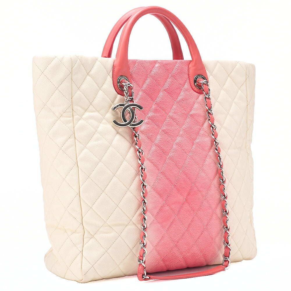 CHANEL 2-way Chain Shoulder Bag Matelasse Caviar Skin Coco Charm Pink x White Silver-Tone Hardware, Pre-Owned