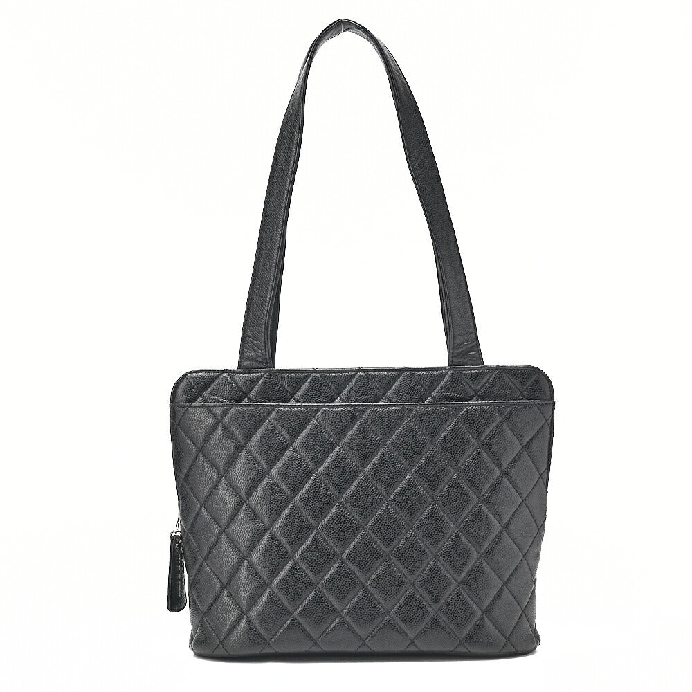 CHANEL Shoulder Bag Caviar Skin Matelasse Pull Charm Black Silver-Tone Hardware, Pre-Owned