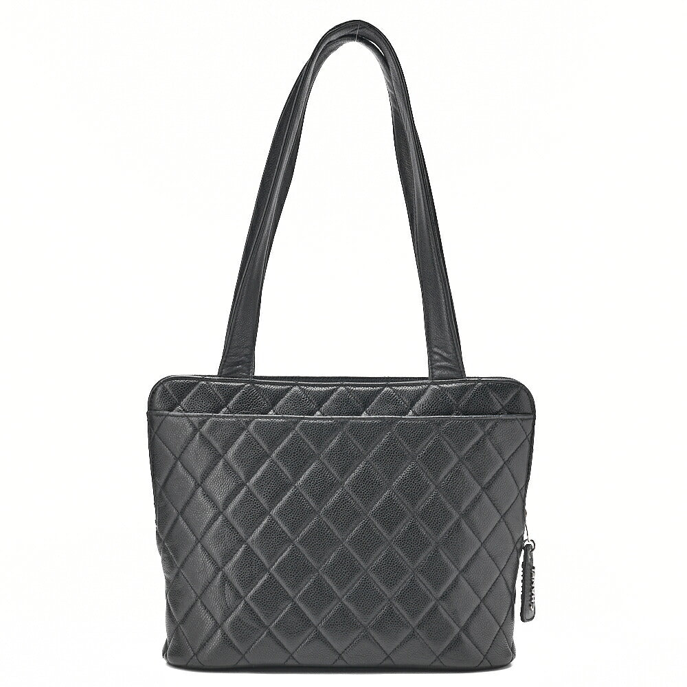 CHANEL Shoulder Bag Caviar Skin Matelasse Pull Charm Black Silver-Tone Hardware, Pre-Owned