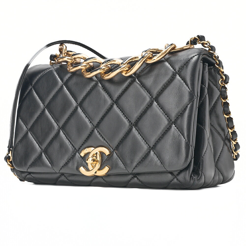CHANEL Chain Shoulder Bag Matelasse 23cm Single Flap Lambskin Black Gold-Tone Hardware, Pre-Owned