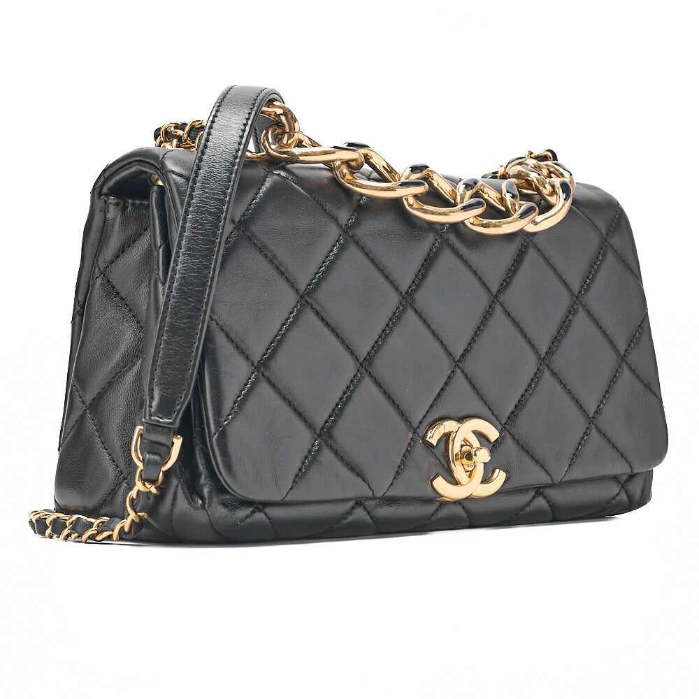 CHANEL Chain Shoulder Bag Matelasse 23cm Single Flap Lambskin Black Gold-Tone Hardware, Pre-Owned