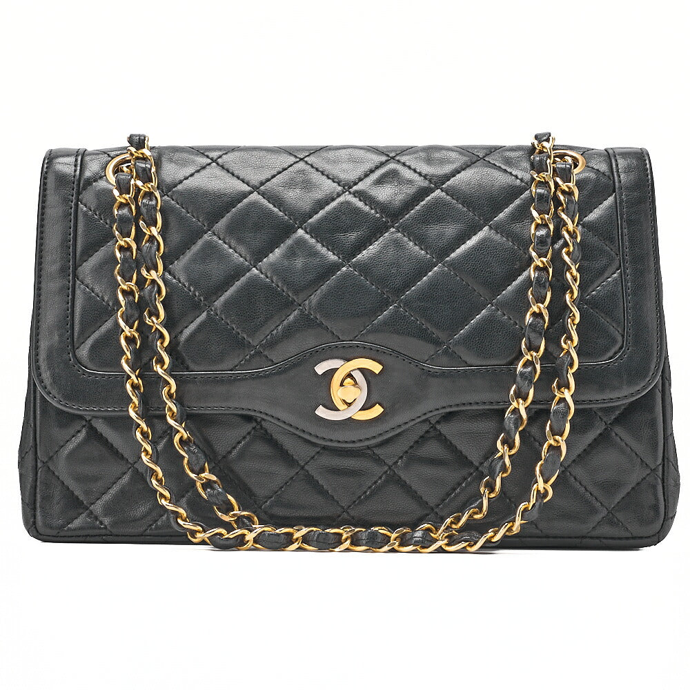 CHANEL Lambskin Matelasse 25cm Paris Limited Double Flap Shoulder Bag Black Gold-Tone Hardware, Pre-Owned