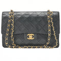 CHANEL Lambskin Matelasse 25cm Double Flap Chain Shoulder Black Gold-Tone Hardware, Pre-Owned